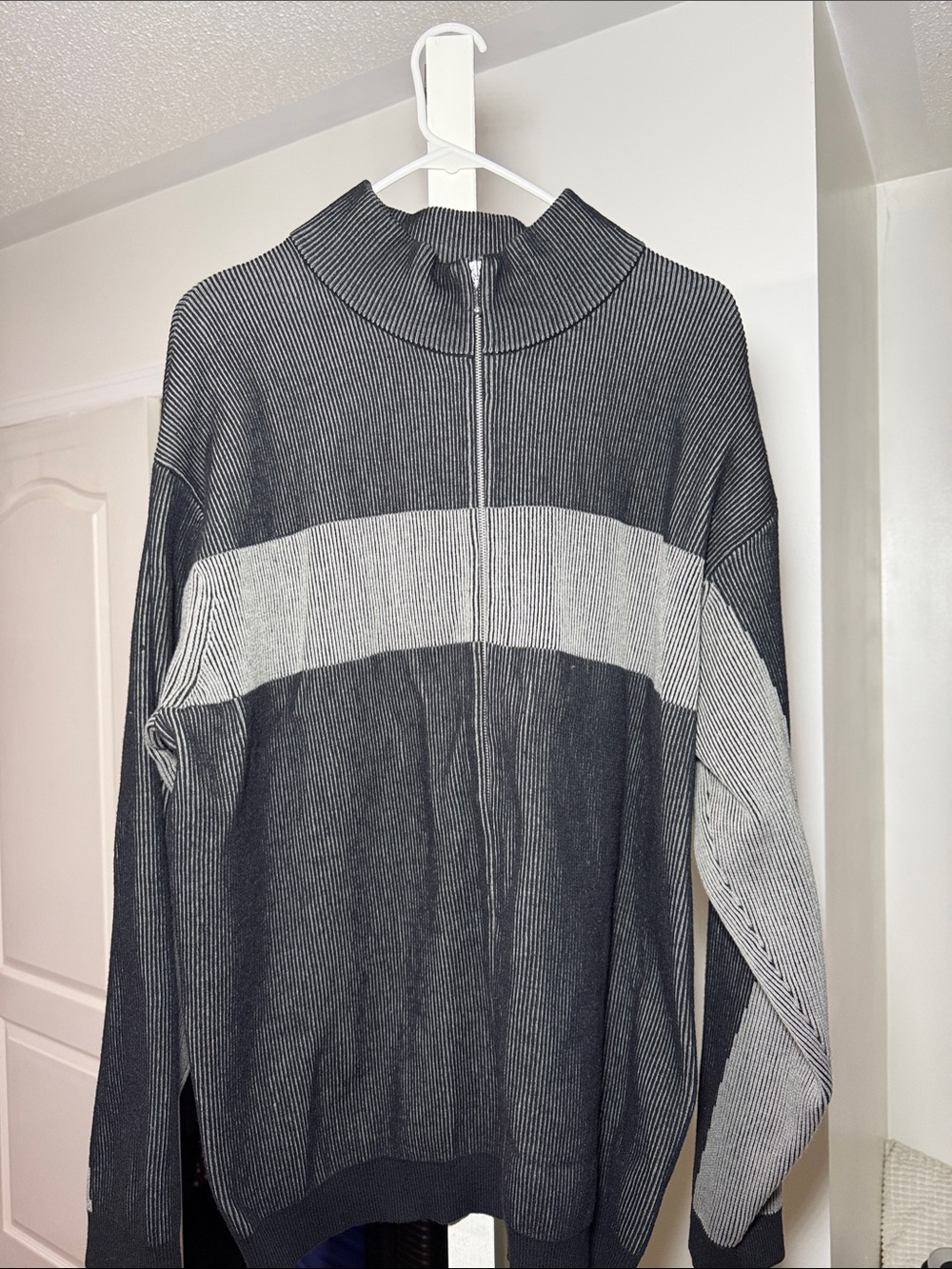 Supreme Black & Light Gray Zip-Up Ribbed Knit Sweater